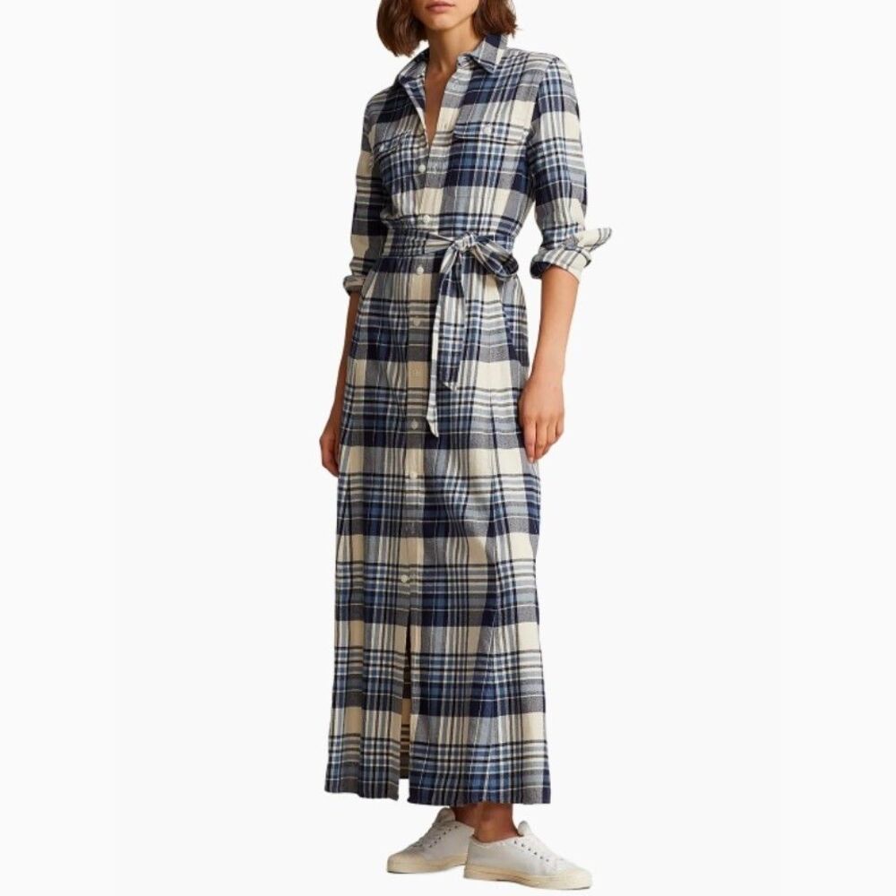 Polo Ralph Lauren Belted Plaid Cotton Maxi Dress Long Sleeves Button Up Size 10